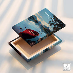 Derwentwater Travel Poster – Lake District Art Print on a beautifully crafted box with a serene landscape.