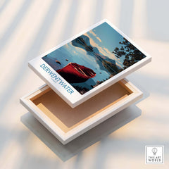 Derwentwater Cumbria Wall Art – Mountain Lake Landscape Print displayed on an open box showcasing serene lake view.