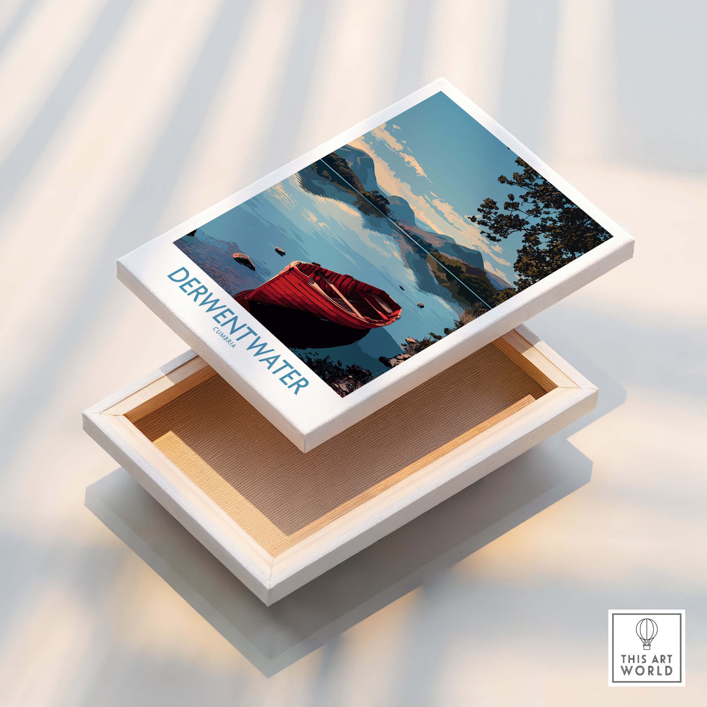 Derwentwater Cumbria Wall Art – Mountain Lake Landscape Print displayed on an open box showcasing serene lake view.