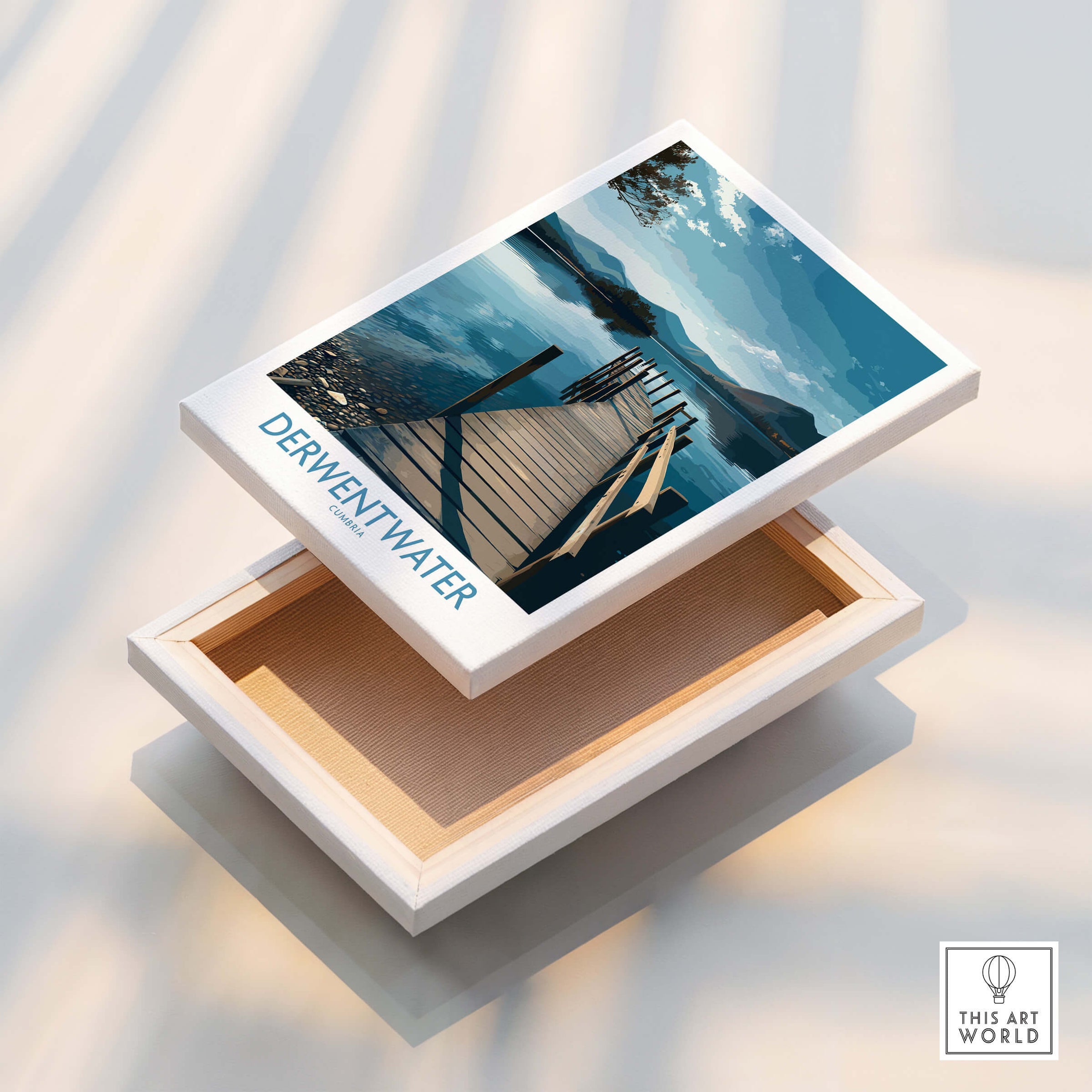 Derwentwater Cumbria Wall Art – Scenic Lake Pier Art Print displayed on art box with serene lake view.