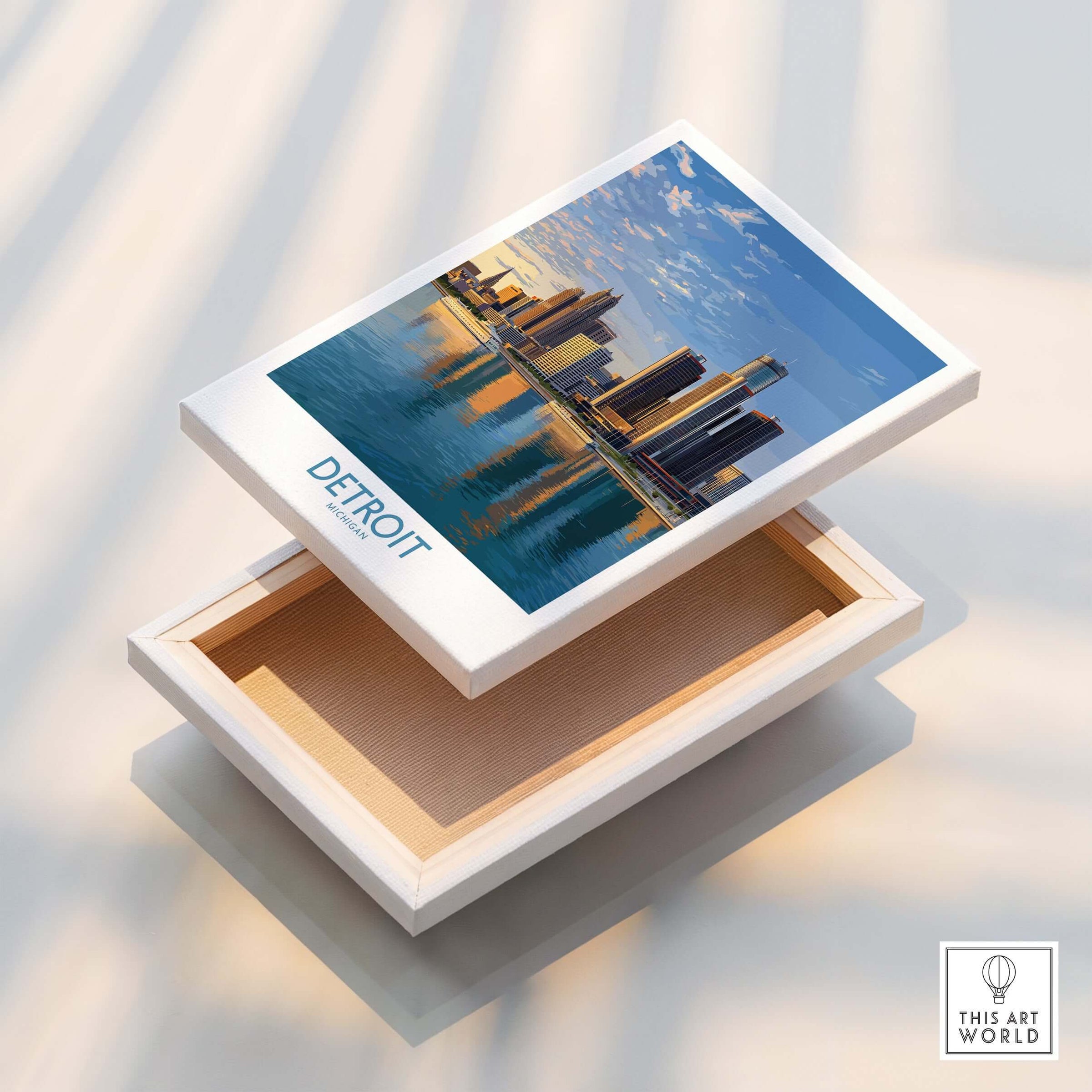 Detroit Michigan City Skyline Art Print | Renaissance Center Poster displayed on a wooden box.