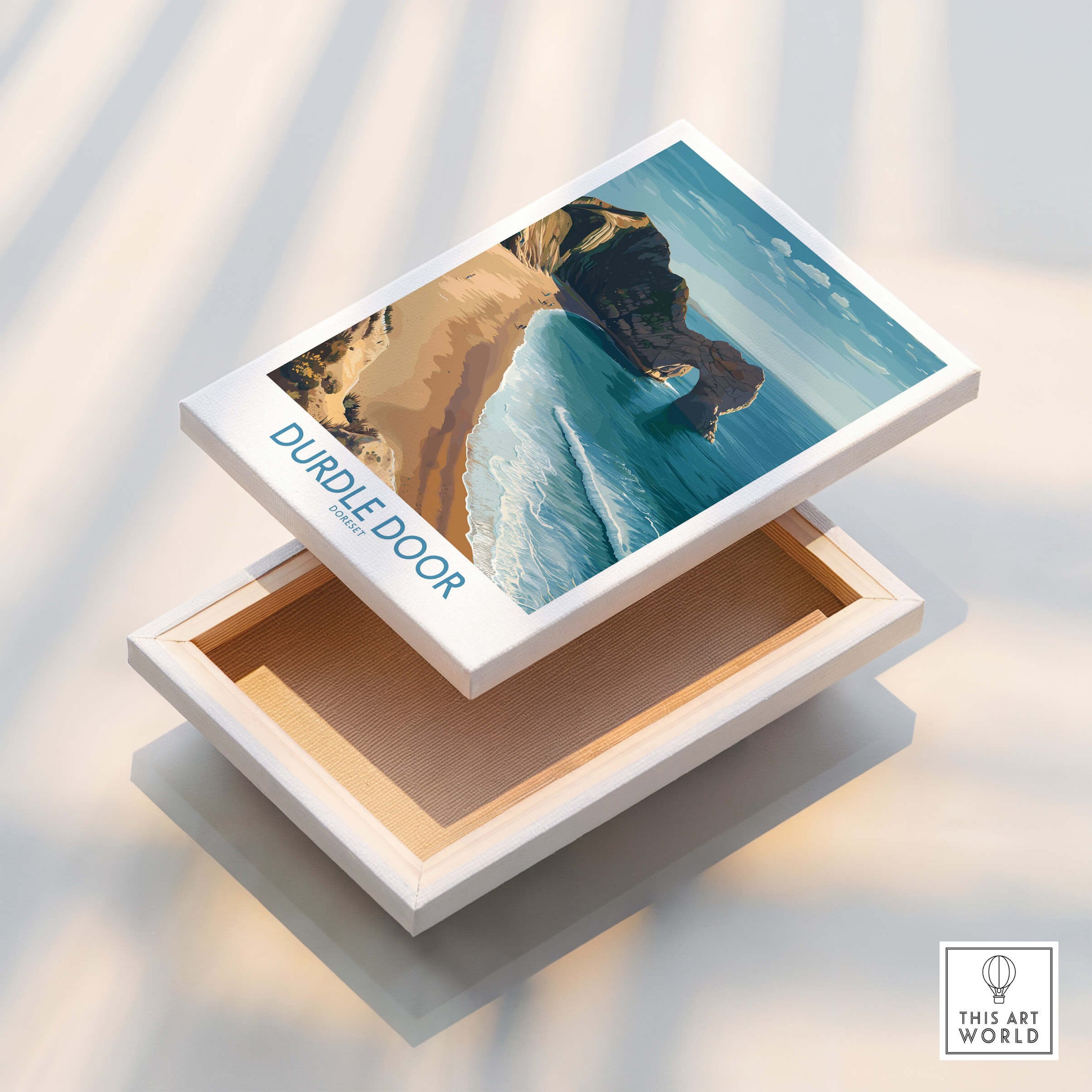 Durdle Door Art Print Dorset Wall Art displayed on a decorative box, showcasing the coastal beauty of Durdle Door.