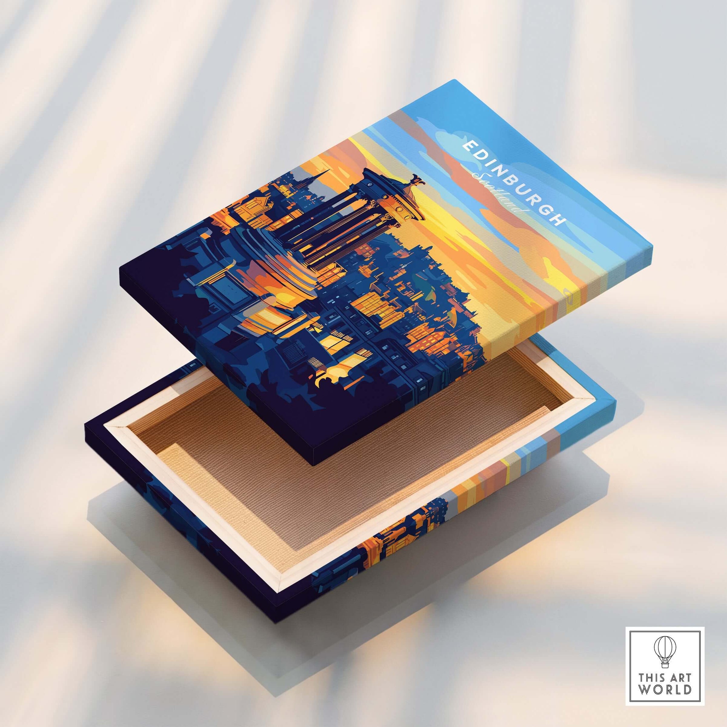 Edinburgh Travel Print beautifully illustrated on a storage box showcasing the city's skyline at sunset.