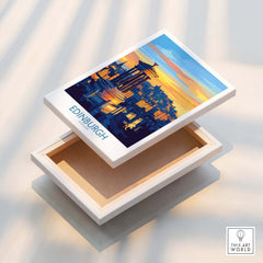 Edinburgh Travel Poster showcasing iconic landmarks and sunset colors, perfect for bringing Edinburgh's charm into your home.