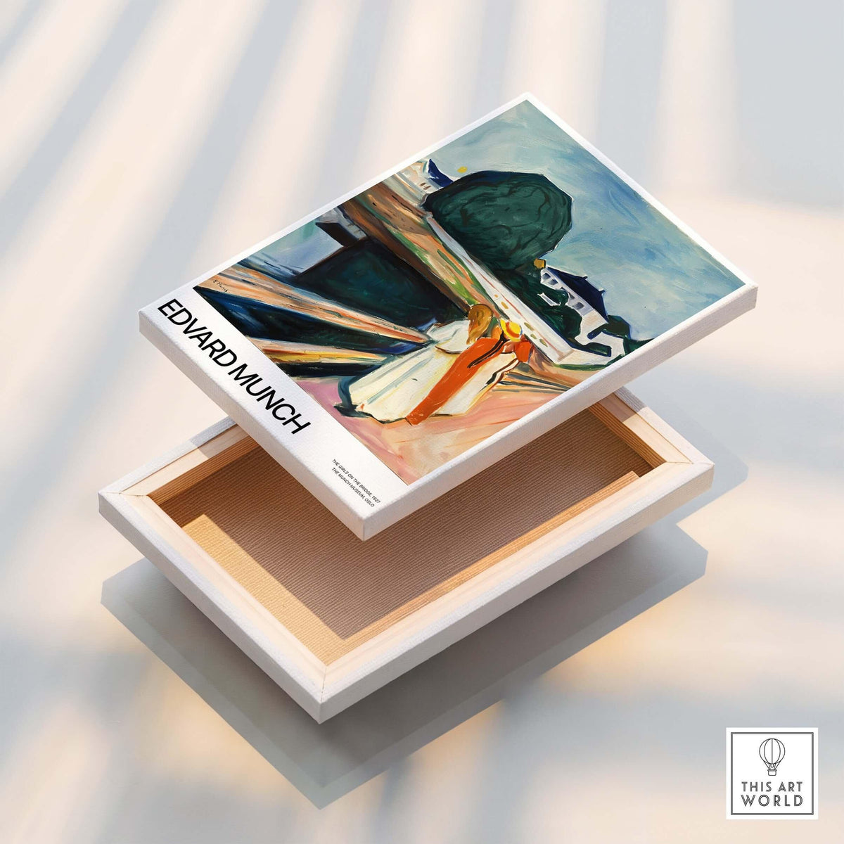 Edvard Munch Art Print - The Girls on the Bridge 1927 Painting - Museum Poster displayed on a wooden box.