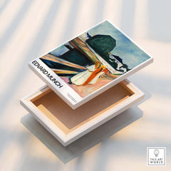 Edvard Munch Art Print - The Girls on the Bridge 1927 Painting - Museum Poster displayed on a wooden box.