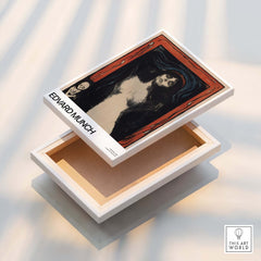 Edvard Munch Art Print - Madonna 1895 Color Lithograph Symbolist Poster displayed on a wooden box.