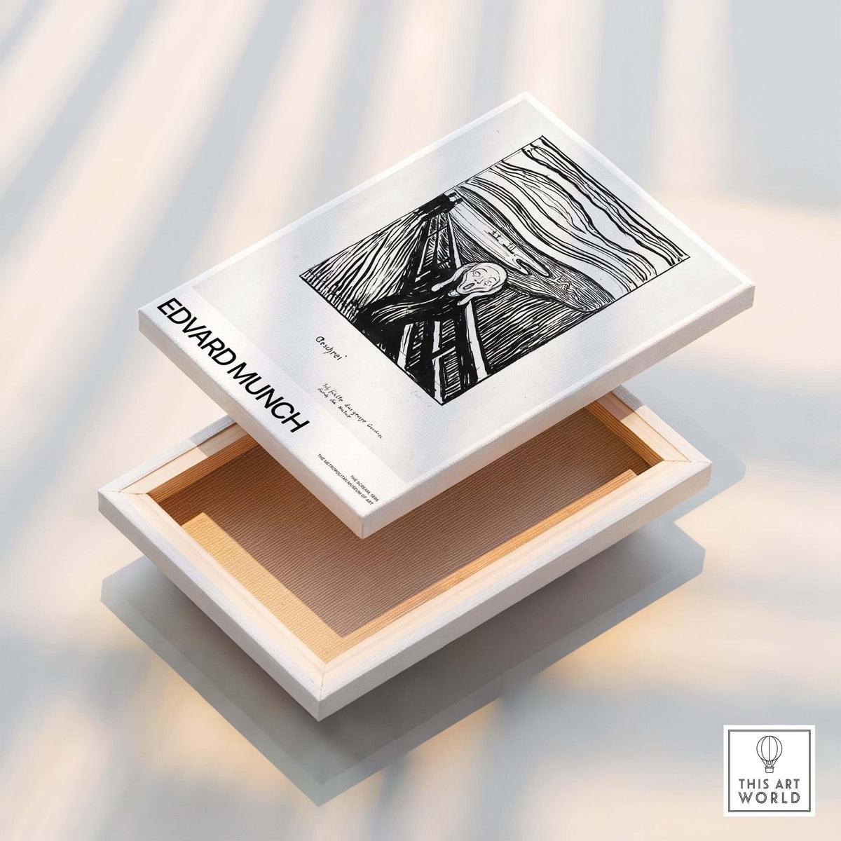 Edvard Munch The Scream 1895 Lithograph Art Print Expressionist Poster on display with a wooden box.