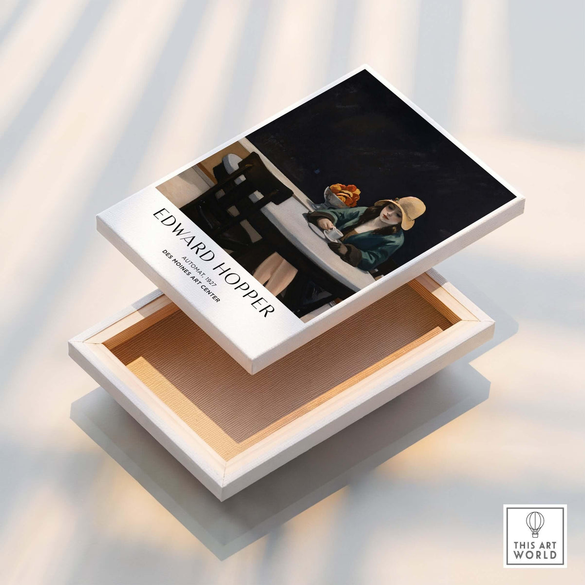 Edward Hopper Automat 1927 Des Moines Art Center Poster Print displayed on a wooden box.