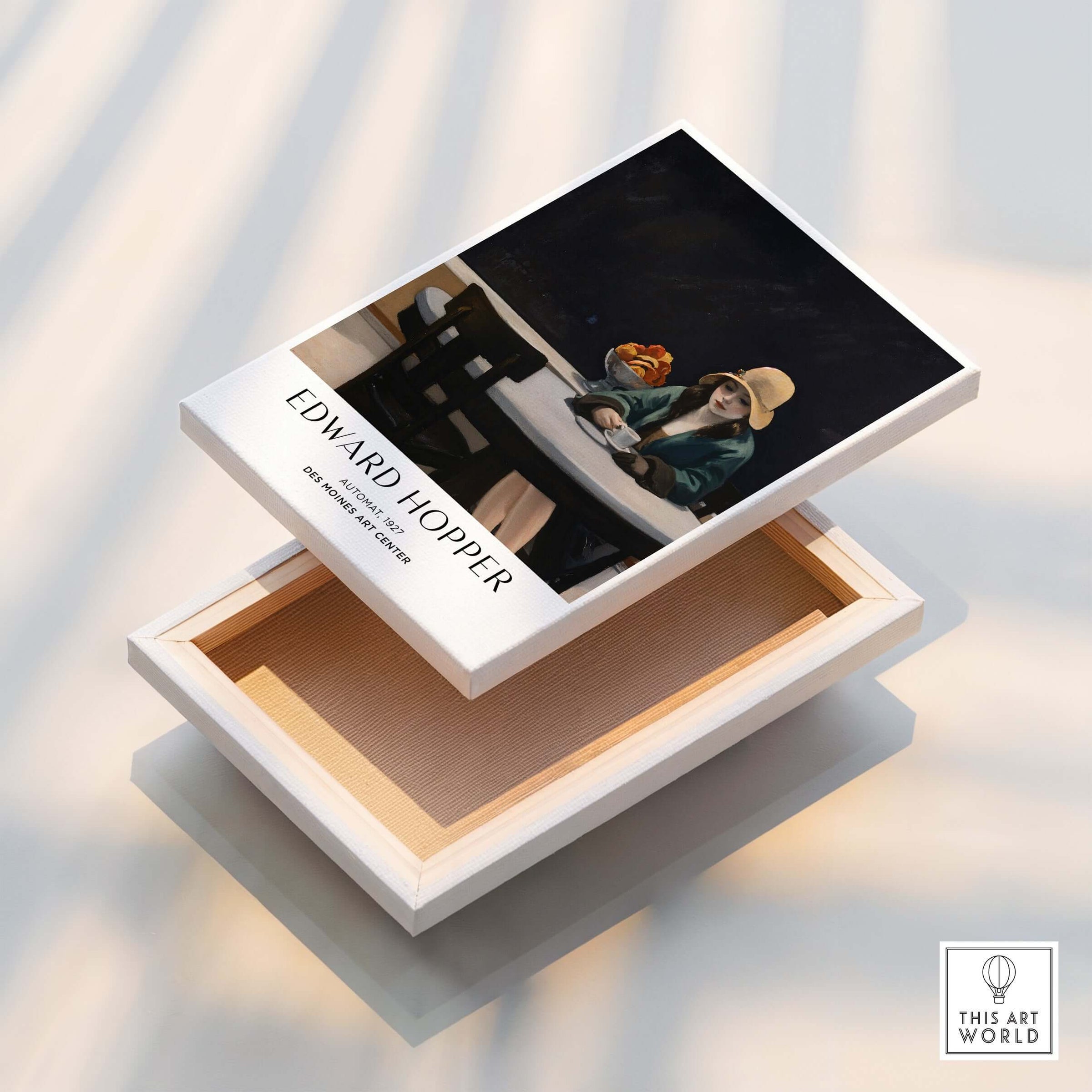 Edward Hopper Automat 1927 Des Moines Art Center Poster Print displayed on a wooden box.