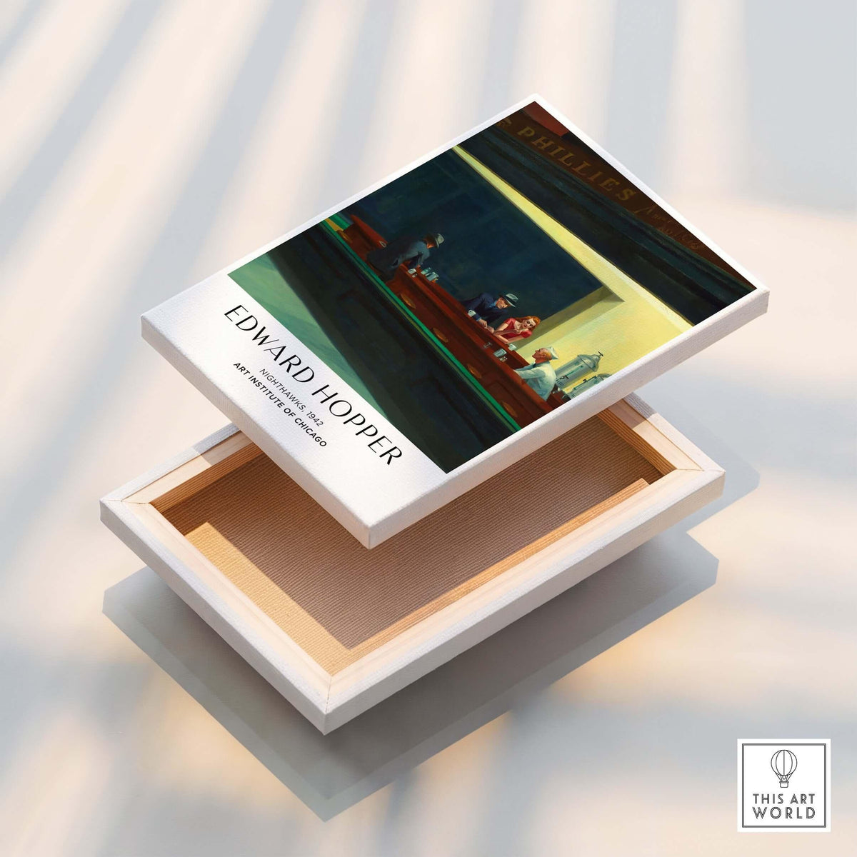 Edward Hopper Nighthawks 1942 Iconic Diner Art Print AIC Poster displayed on a wooden box.