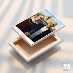 Exhibition Art Print American Gothic Grant Wood Famous Painting Wall Art Poster displayed on a box.