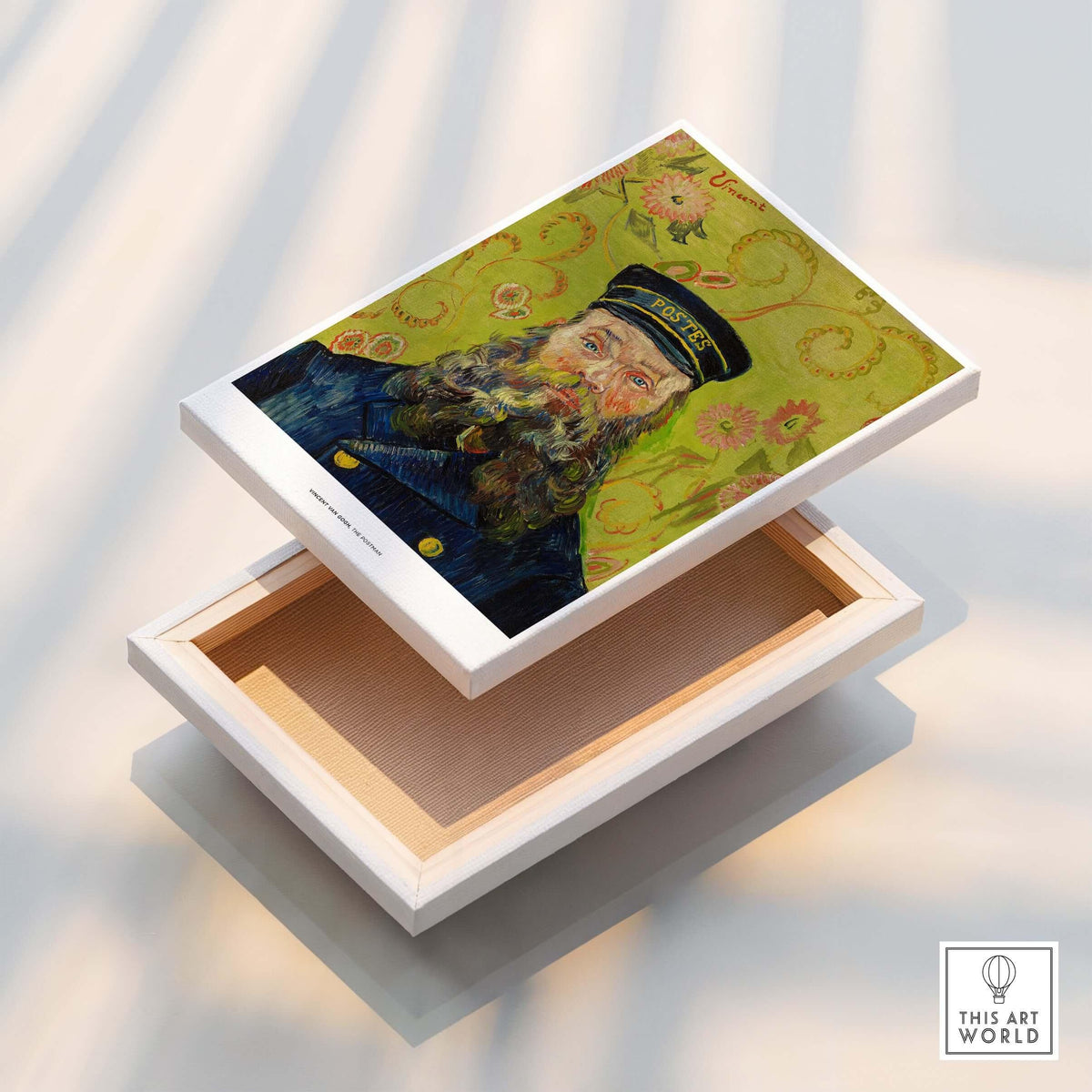 Exhibition Art Print Vincent van Gogh The Postman Famous Portrait Wall Art Poster displayed on an open box.