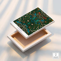 Exhibition Art Print William Morris Tulip Famous Pattern Arts Crafts Floral Poster Wall Art displayed on a wooden box.