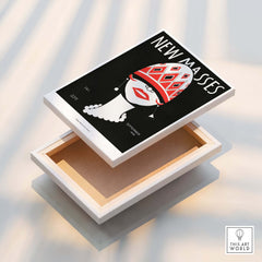 New Masses Frank Walts Art Deco Magazine Cover Poster Wall Art Print displayed on a wooden box with geometric patterns.