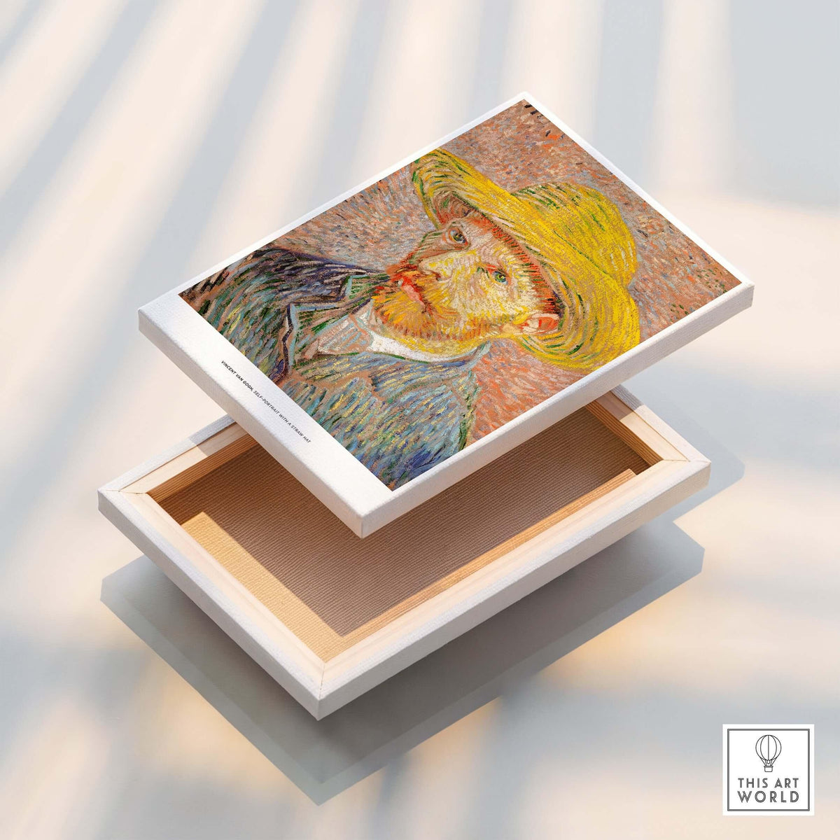 Vincent van Gogh Self Portrait Straw Hat Post-Impressionist Art Print Poster displayed in a box with a lid.