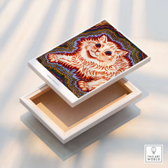 Kaleidoscope Cat Psychedelic Feline Poster Wall Art Louis Wain Exhibition Art Print displayed on a white box.