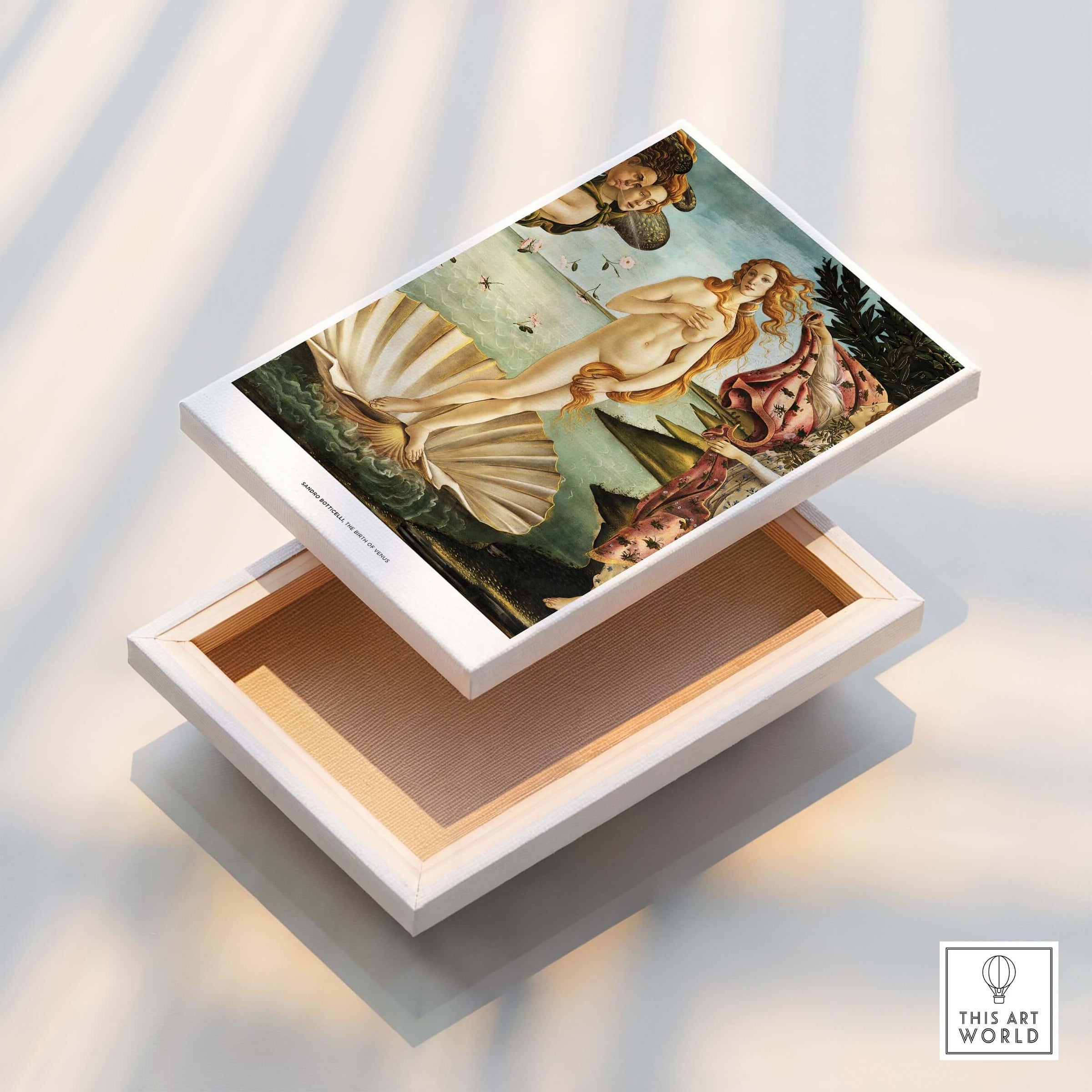 The Birth of Venus Art Print Sandro Botticelli Mythology Poster displayed on an art box, showcasing Renaissance beauty.
