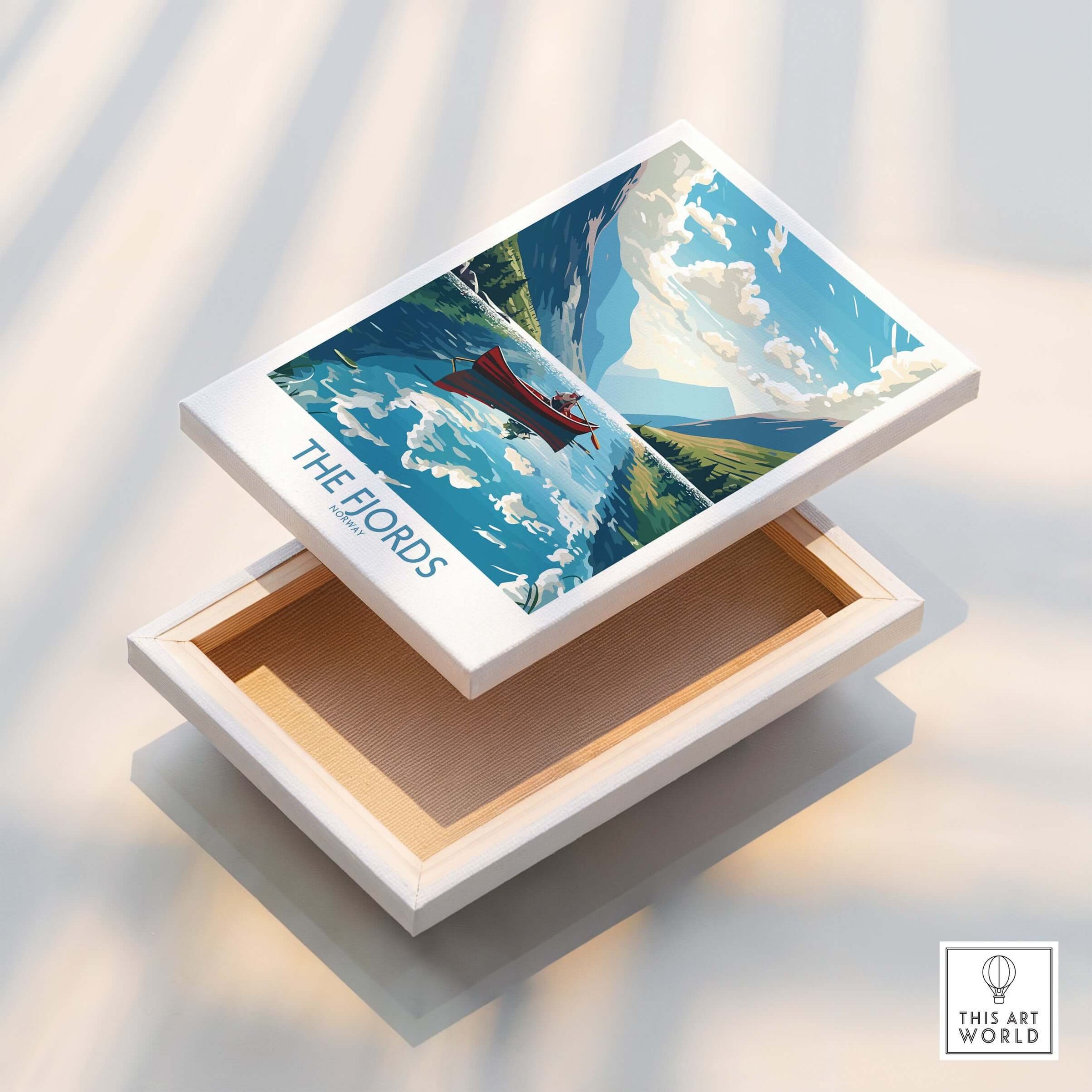 Fjords Norway Wall Art | Modern Style featuring a serene landscape with cliffs and a boat.