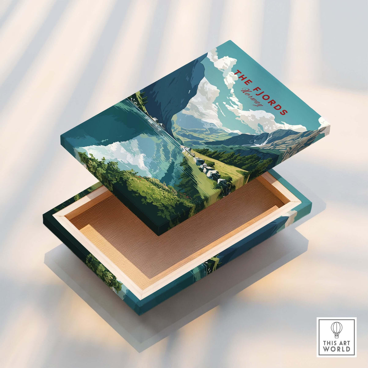 Norway Fjords Travel Poster showcasing stunning artwork of fjords with vibrant colors and serene landscapes.