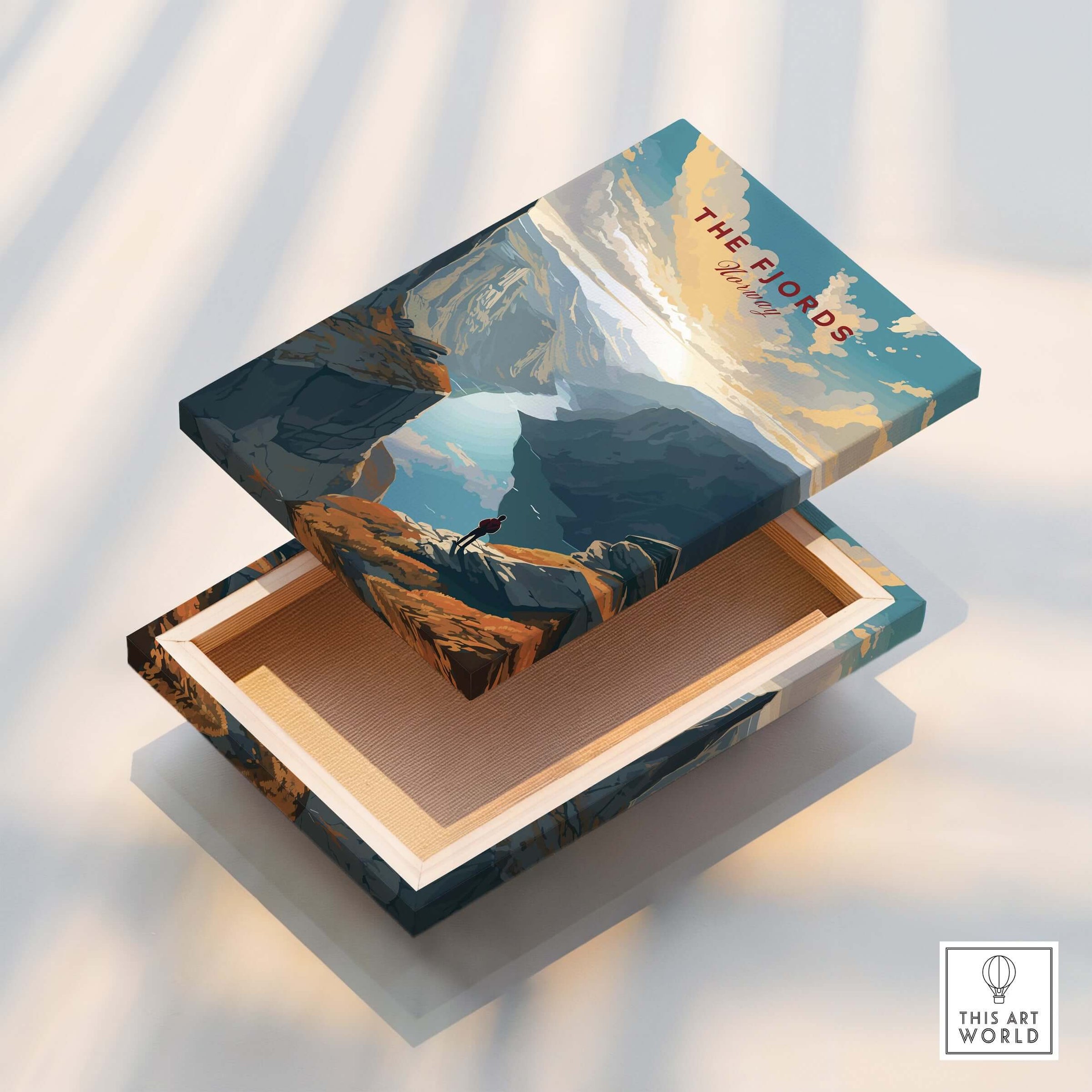 Fjord Wall Art Print - Norway displayed on a wooden box with scenic mountain landscape.