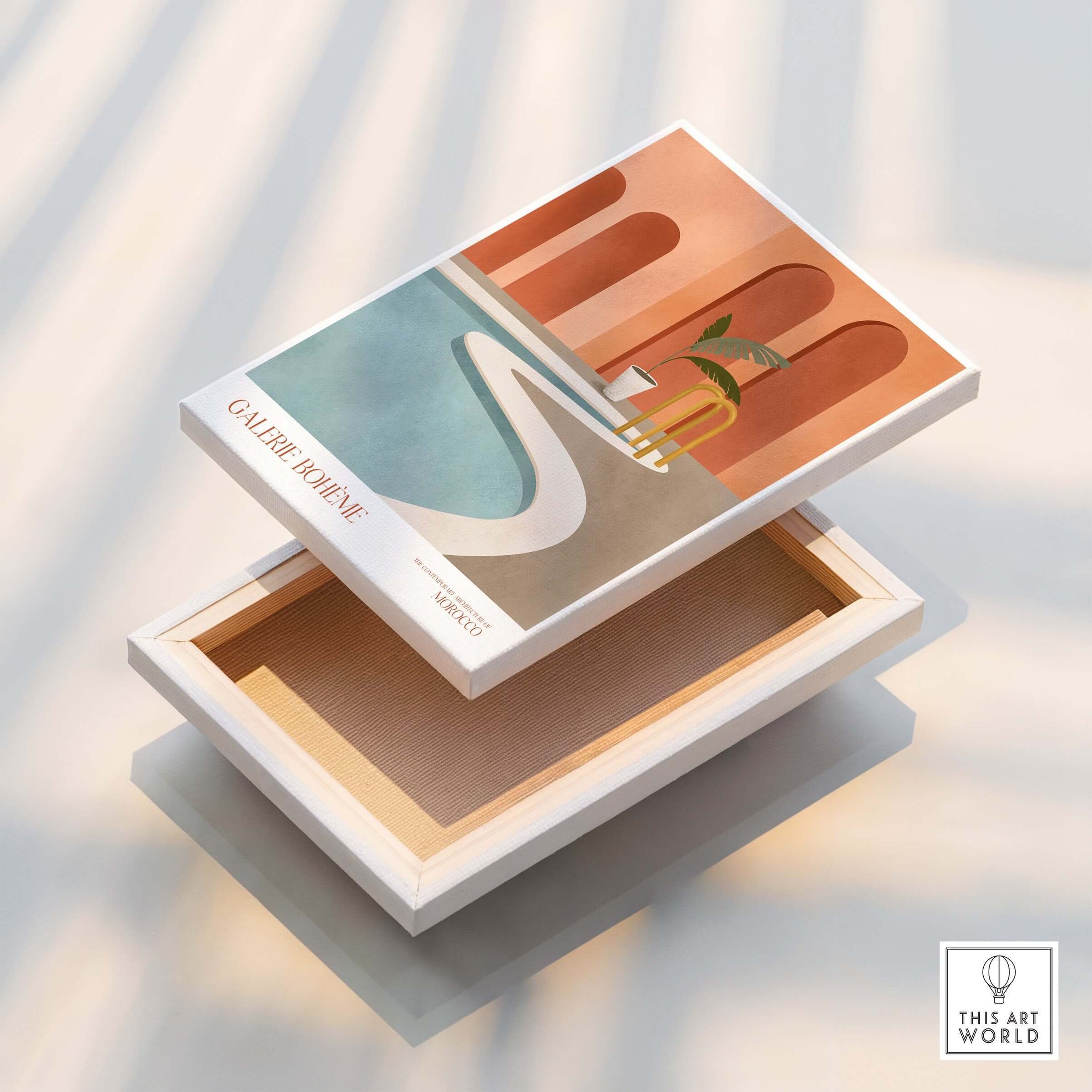 Galerie Bohème Poolside Morocco Architecture Poster Minimalist Wall Art Print displayed in a stylish box with modern design.