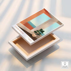 Galerie Bohème Ocean View Window Moroccan Style Art Print Boho Decor Poster displayed on a wooden box.