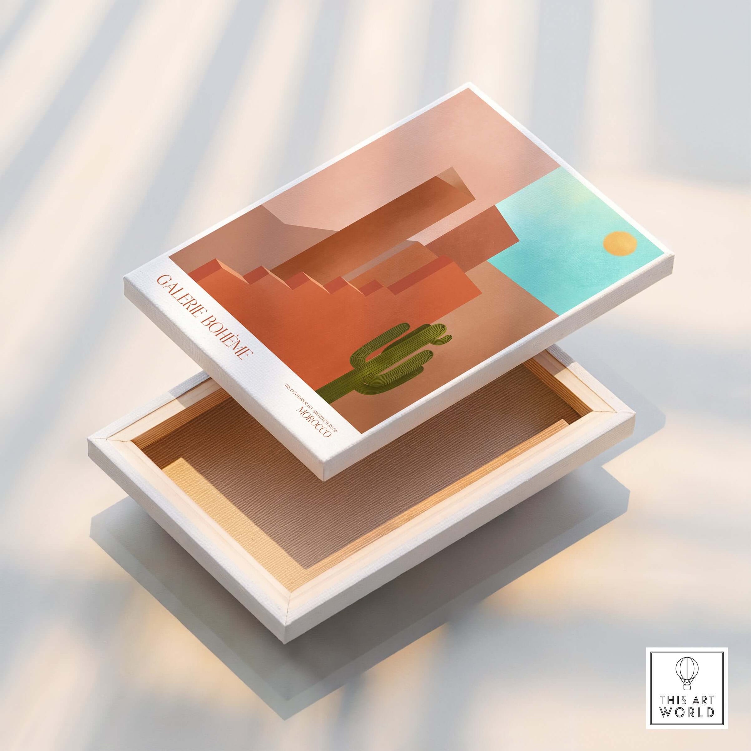 Galerie Bohème Abstract Moroccan Stairs Cactus Poster Desert Wall Art Print in display box with minimalist design.