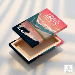 Gates of the Arctic National Park travel poster on floating stretched canvas print with wolf silhouette.