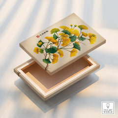 Floating canvas print box with yellow and green ginkgo leaf botanical art on lid