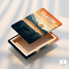 Glacier National Park stretched canvas print with sunset, mountains, and wildlife design.