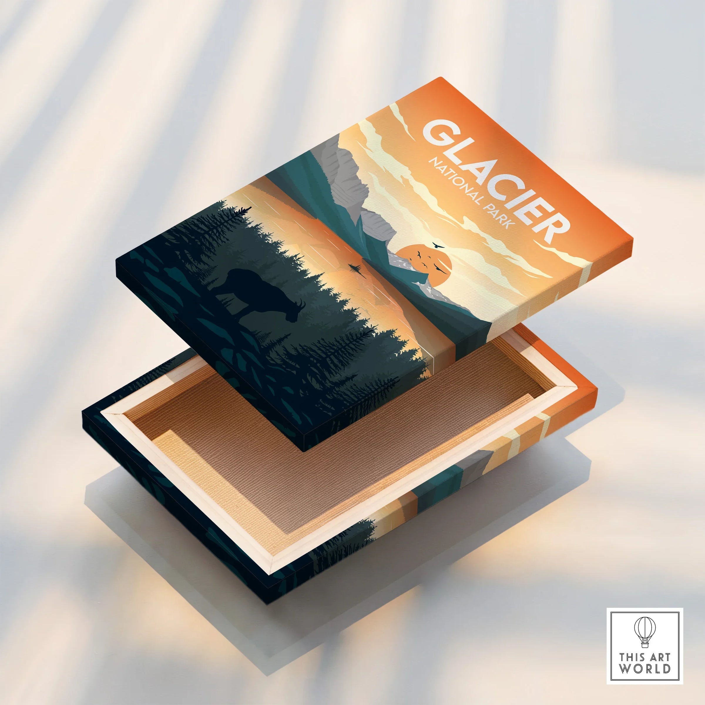 Glacier National Park stretched canvas print with sunset, mountains, and wildlife design.