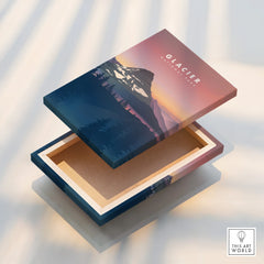 Glacier National Park stretched canvas wall art with floating frame and mountain sunset design
