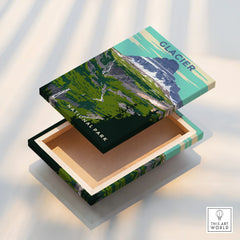 Glacier National Park art print on a decorative wooden box with mountain landscape design