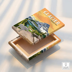 Glacier National Park wall art print with mountain and wildlife on canvas in floating frame.