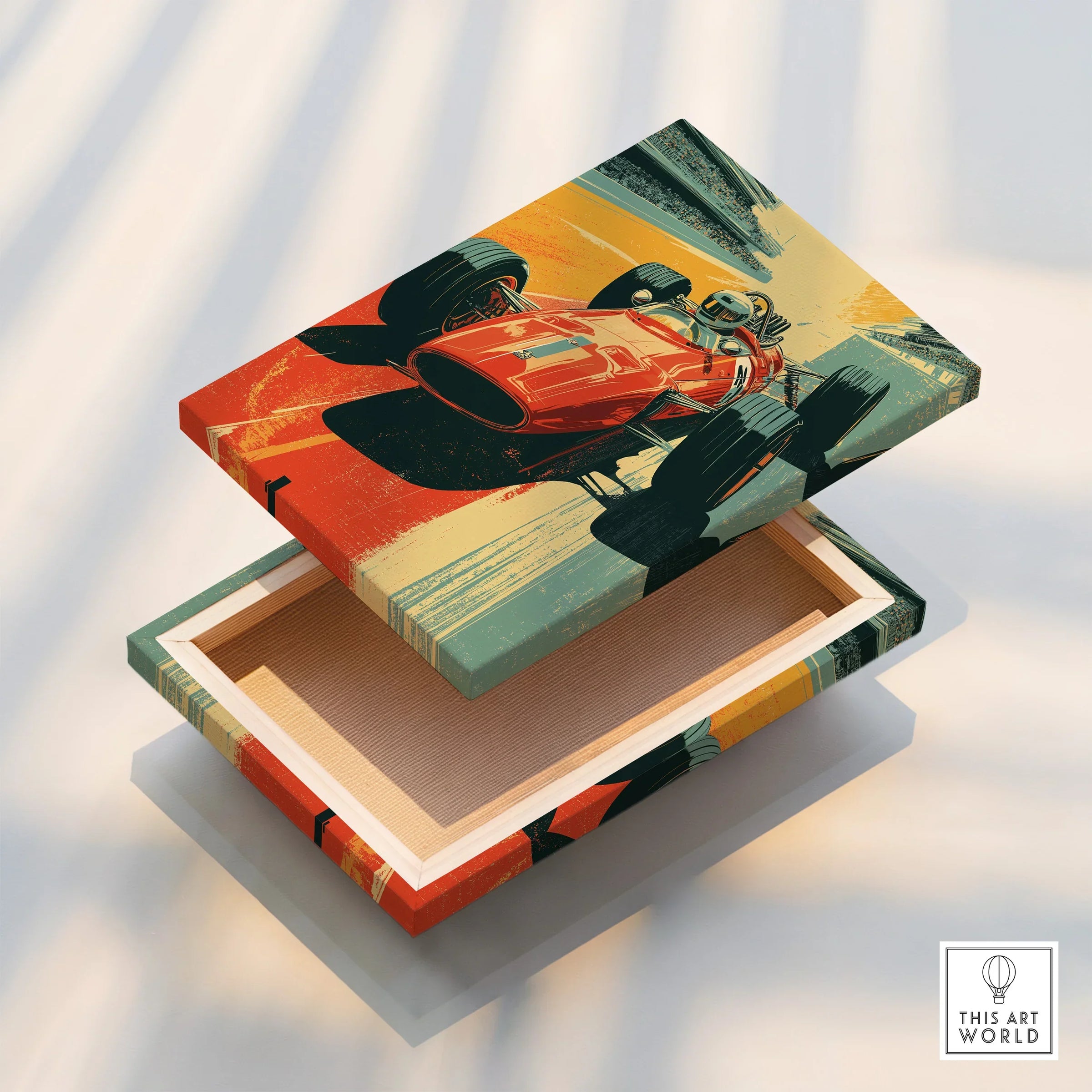 Colorful stretched canvas wall art with vintage race car, floating frame detail view