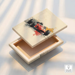 Stretched canvas print with red race car art, floating frame, home decor wall art