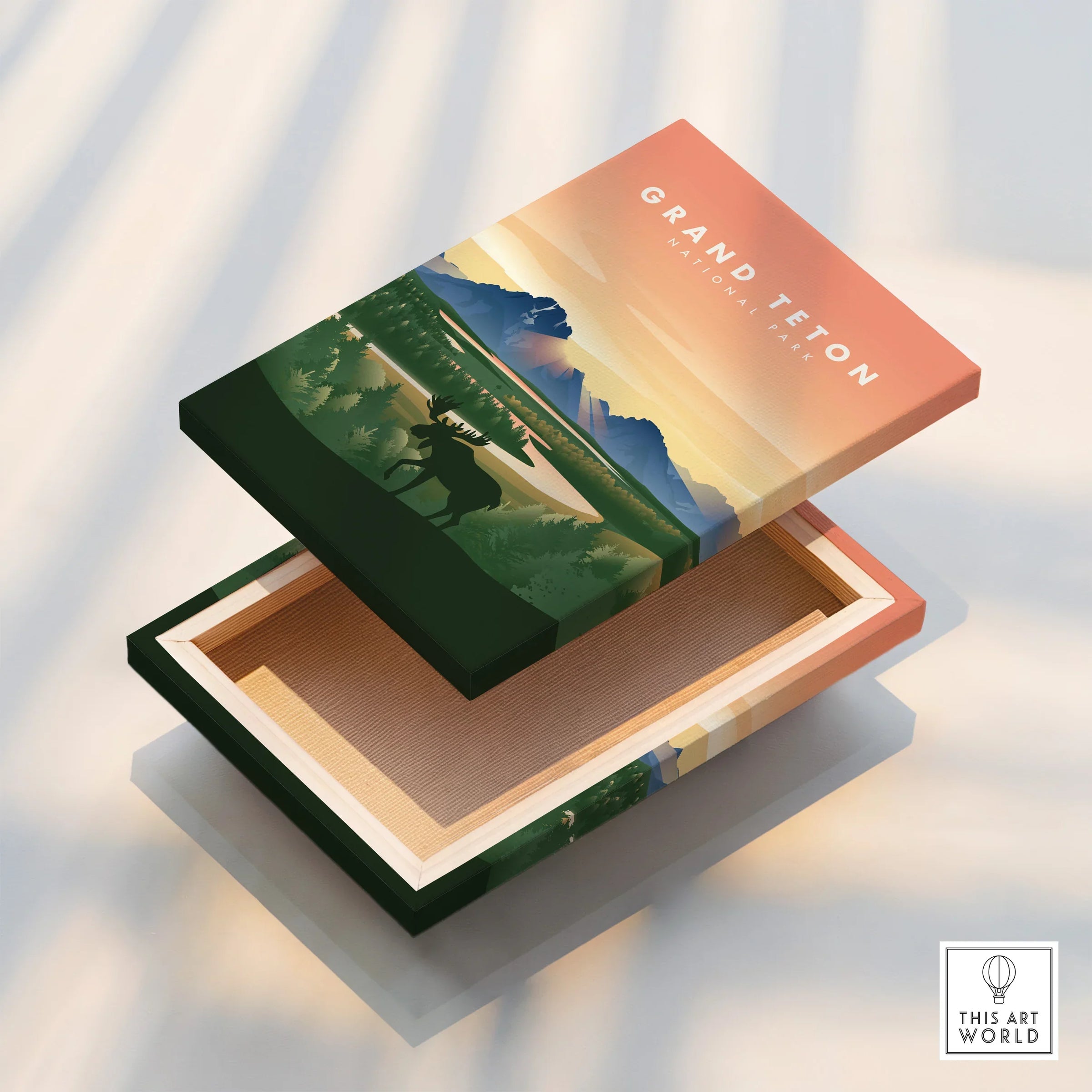 Grand Teton National Park stretched canvas print with moose silhouette and sunset landscape.