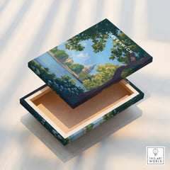 Greenwich city skyline wall art stretched canvas with nature and river illustration.