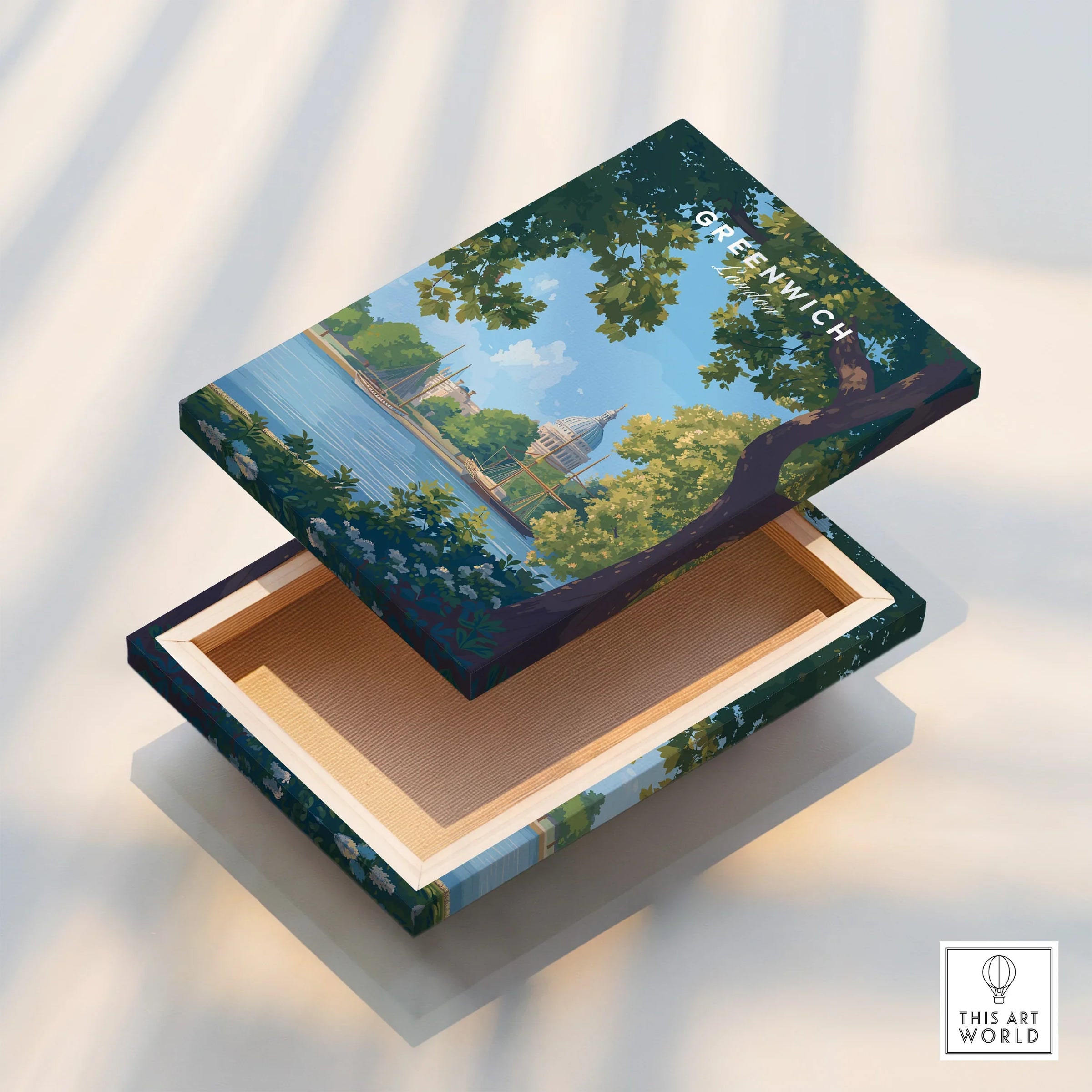 Greenwich city skyline wall art stretched canvas with nature and river illustration.