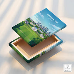 Greenwich London skyline wall art print on floating canvas with mirror edge detail.