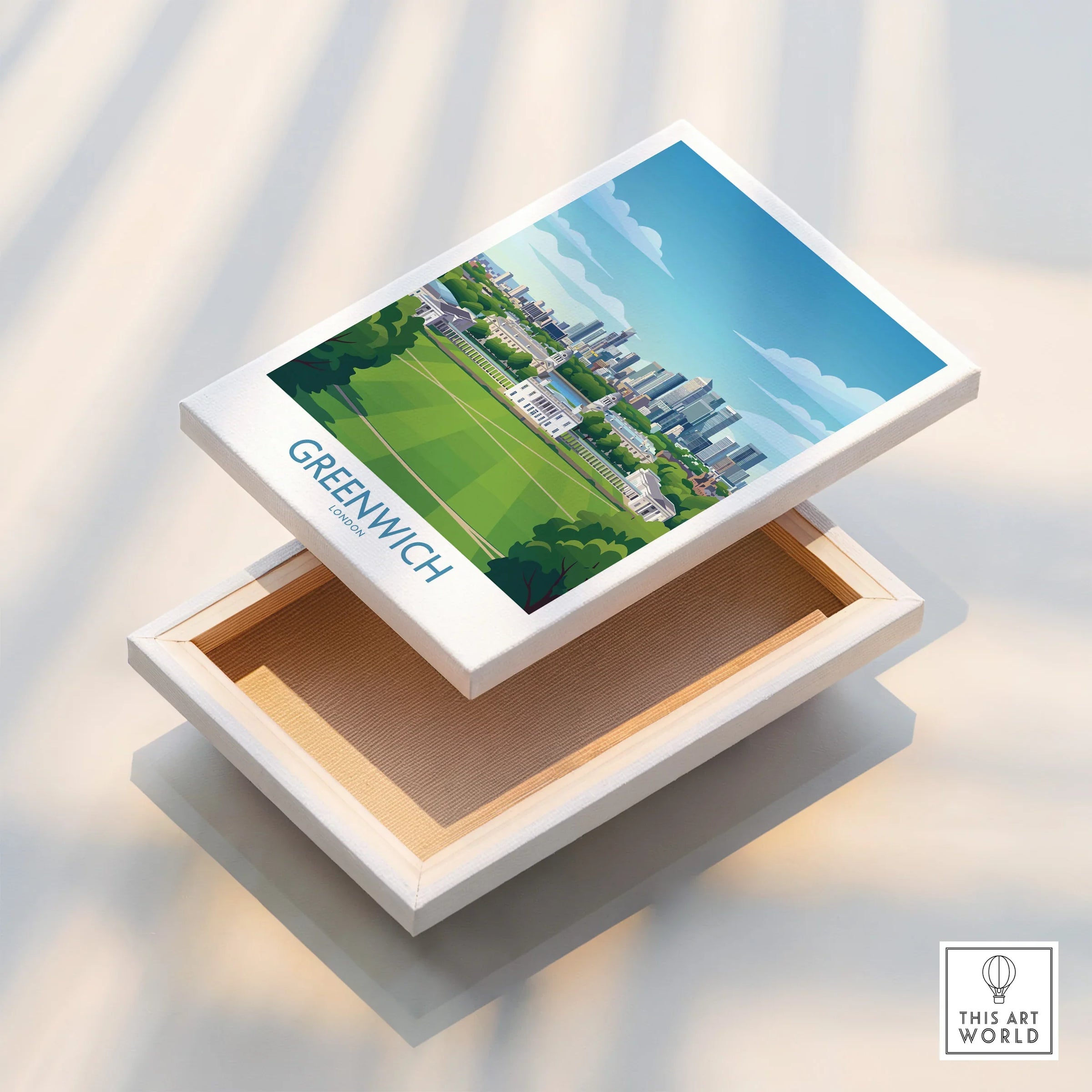 Greenwich London art print on floating stretched canvas with city skyline wall art design