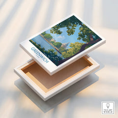 Greenwich London travel poster print on floating stretched canvas with scenic river view