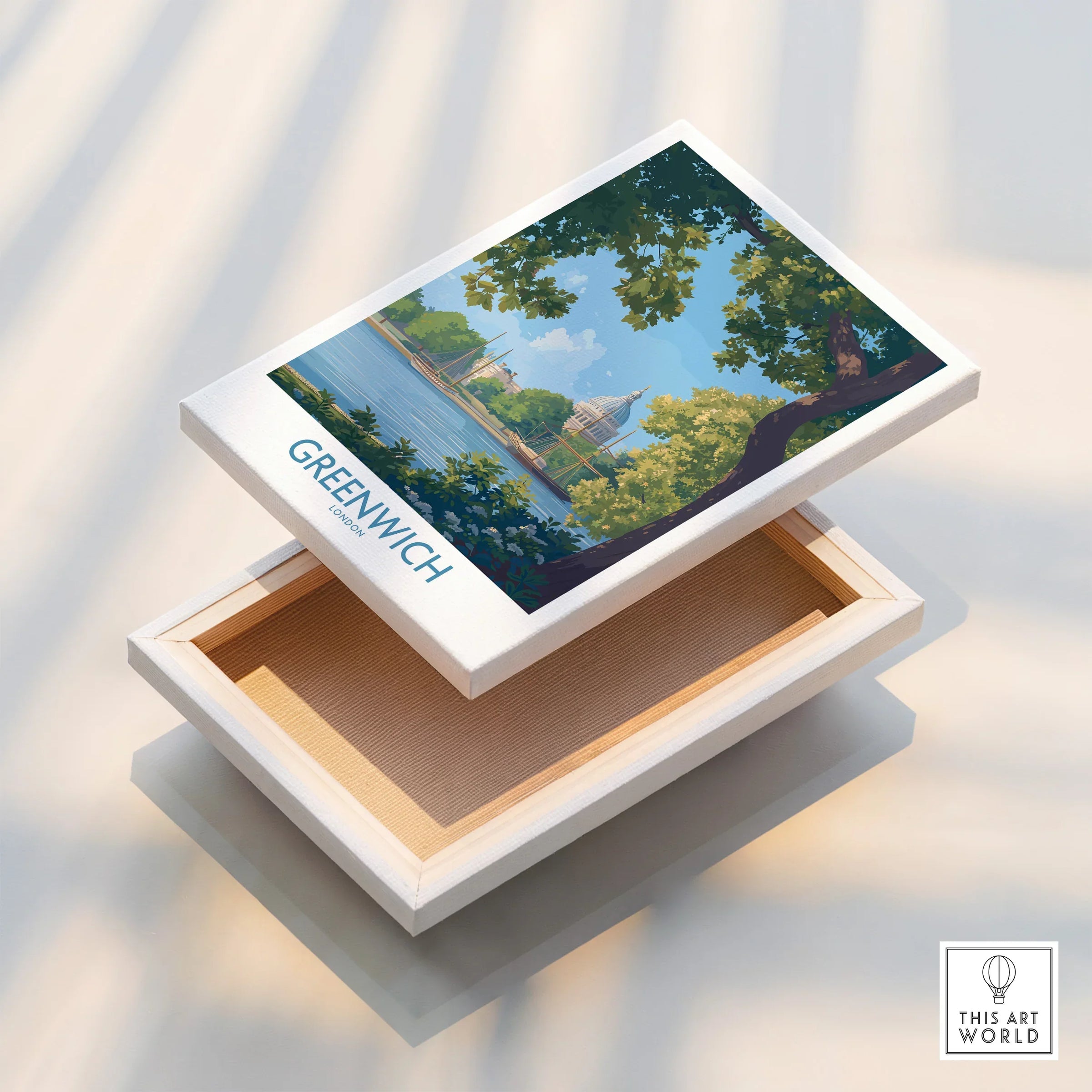 Greenwich London travel poster print on floating stretched canvas with scenic river view