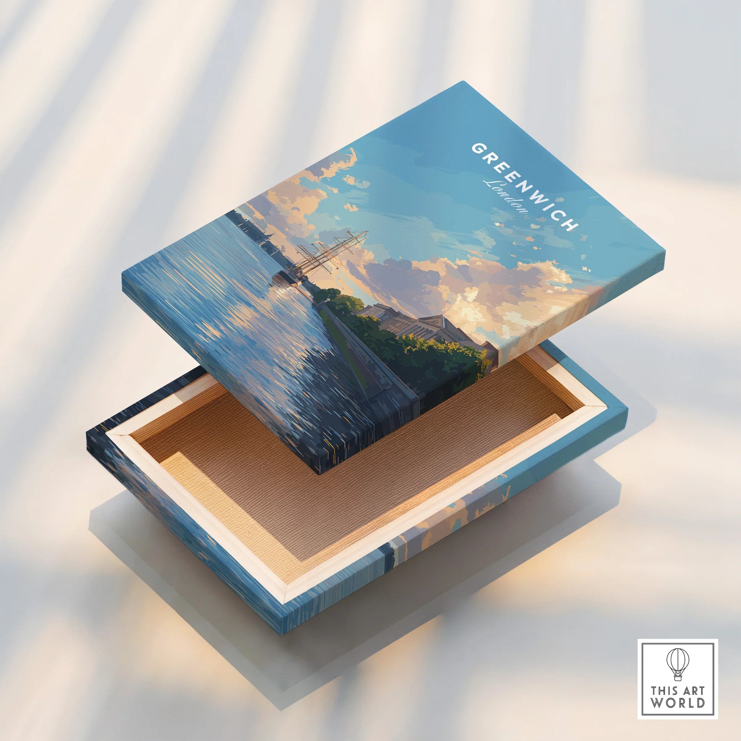 Greenwich London skyline art print on a floating canvas with mirrored edge detail.