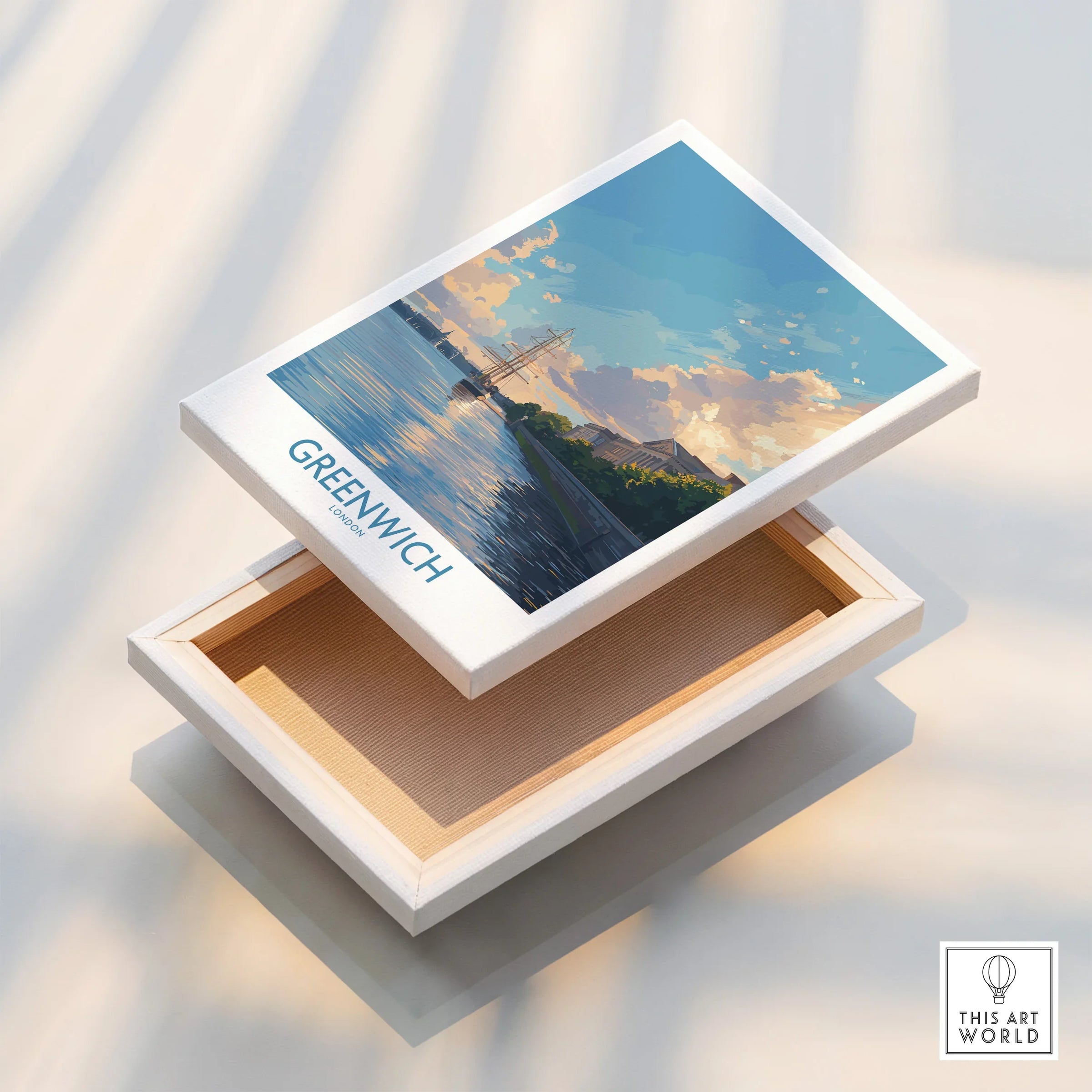 Greenwich London skyline art print on stretched canvas with floating frame, light background