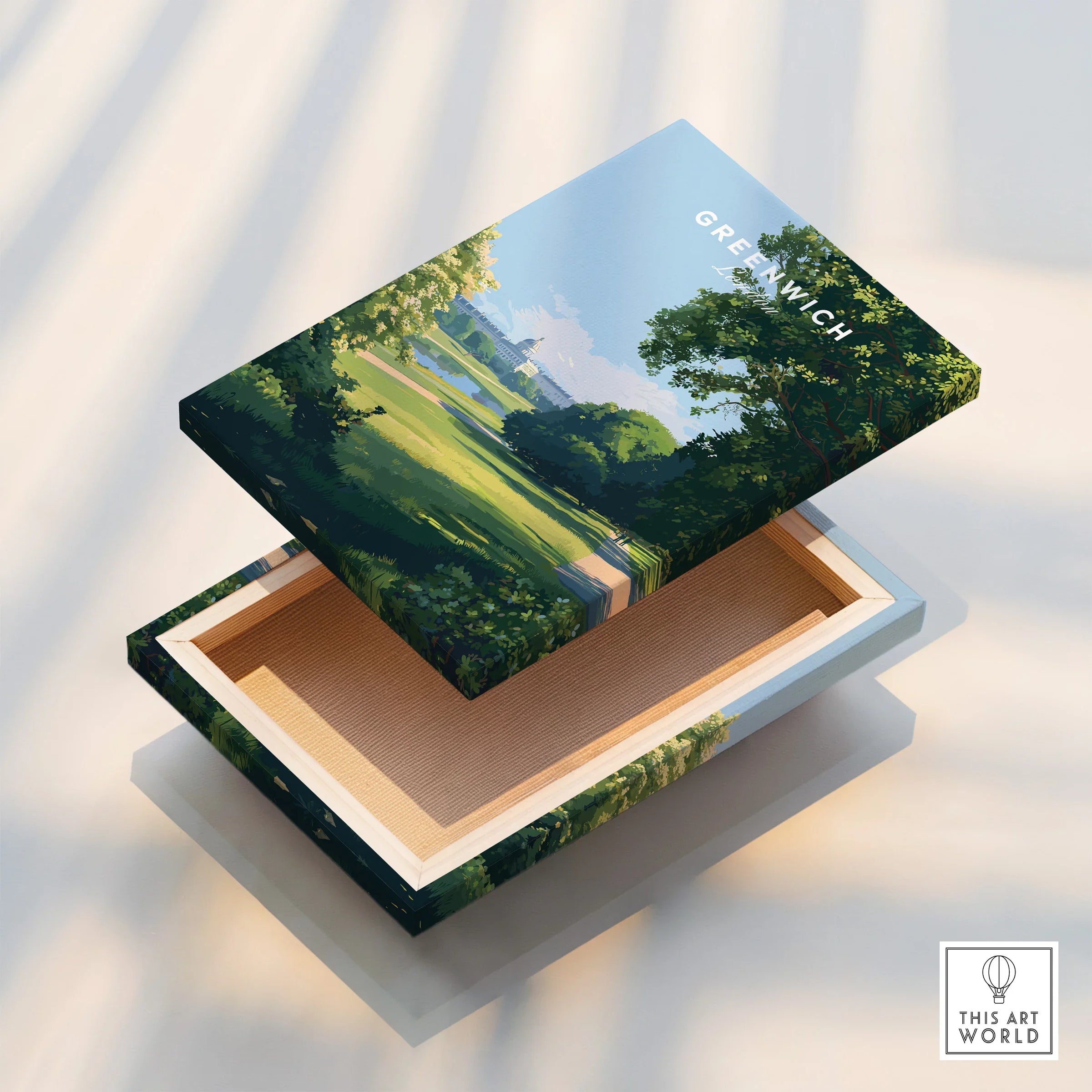 Greenwich park art print on a floating stretched canvas with scenic landscape details