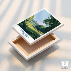 Greenwich London travel poster on stretched canvas print with floating frame detail, nature scene