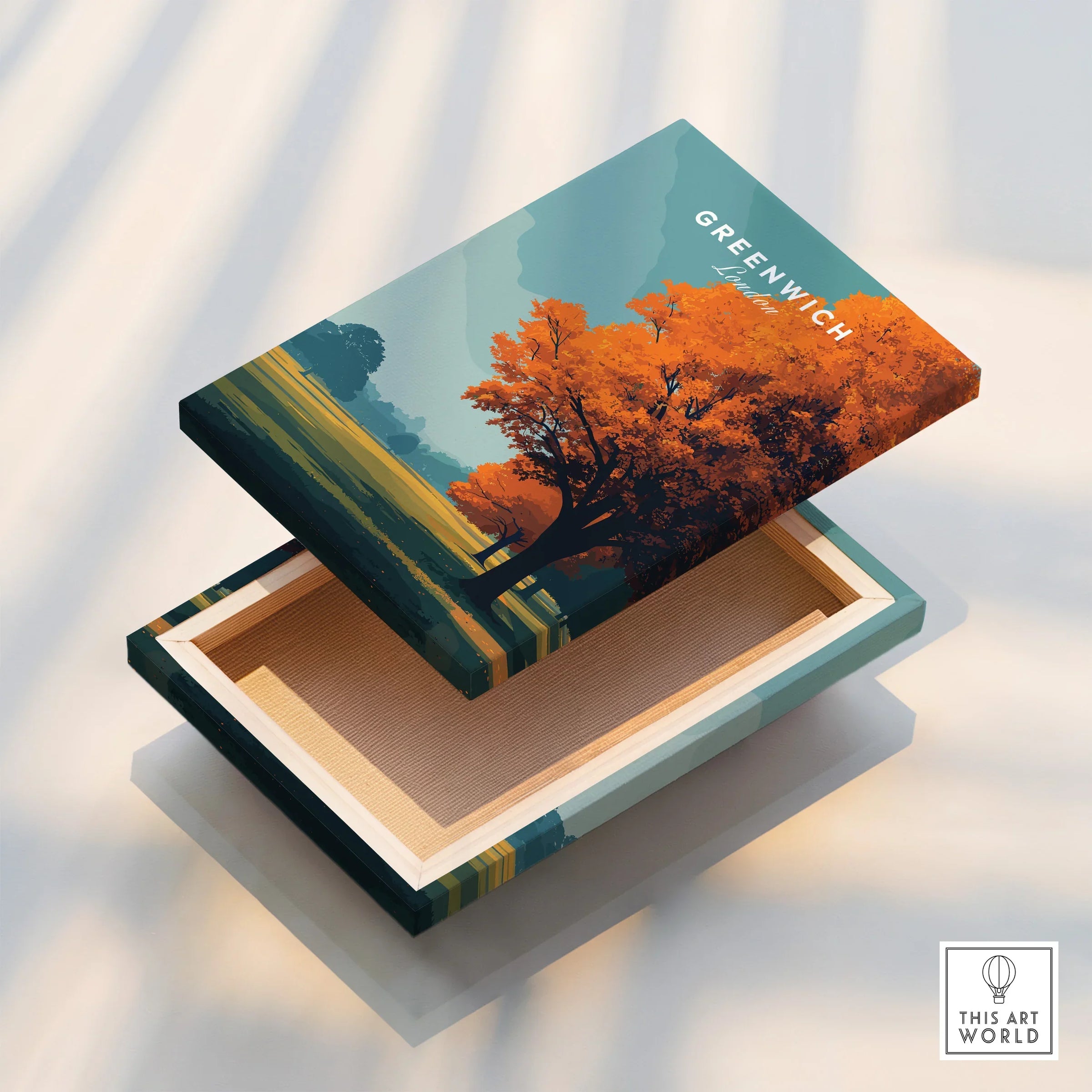 Greenwich travel art print box with autumn tree design, home decor accessory
