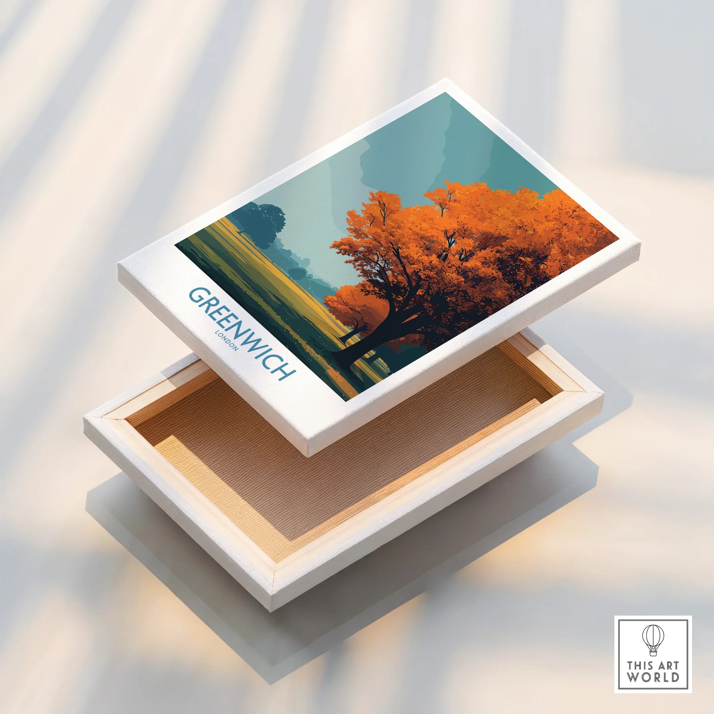 Greenwich London autumn landscape art print on stretched canvas with floating frame